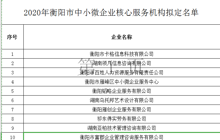 2020年衡阳市中小微企业核心服务机构拟定名单